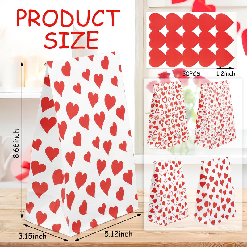 peony man 28 PCS Valentines Paper Treat Bags Valentine Heart Gift Bag with Stickers Red Hearts Goodie Bags for Kids Valentines Day Classroom Party Favors Home Wedding Candy Cookie Supplies - Image 2