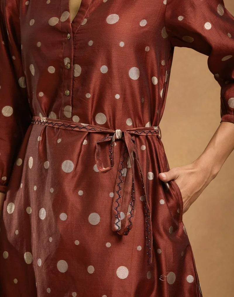 Fabindia Red Cotton Silk Blend Cutwork Maxi