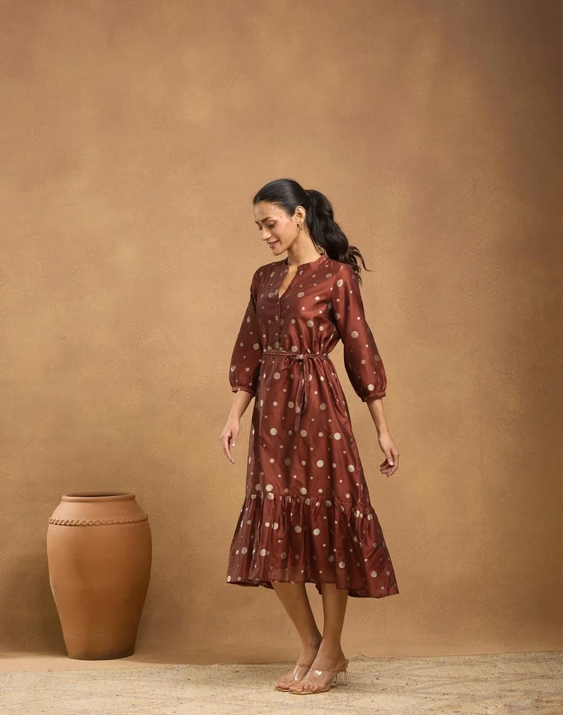 Fabindia Red Cotton Silk Blend Cutwork Maxi