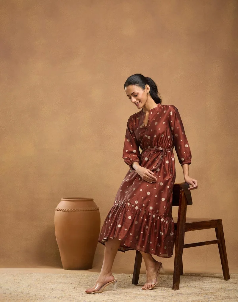Fabindia Red Cotton Silk Blend Cutwork Maxi