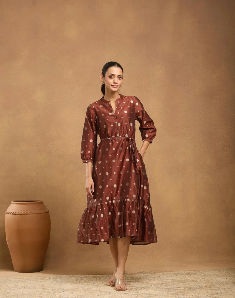 Fabindia Red Cotton Silk Blend Cutwork Maxi