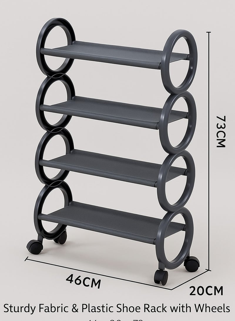 Generic FFD 4 Tier Sturdy Fabric Shoe Rack with Wheels – Portable Shoe Organizer for Hallways & Bedrooms, Multifunctional Storage Stand with Waterproof Shelves, Compact Design for Shoes, Bags, & Accessories, Easy Assembly & Mobile Rolling Storage - Image 2