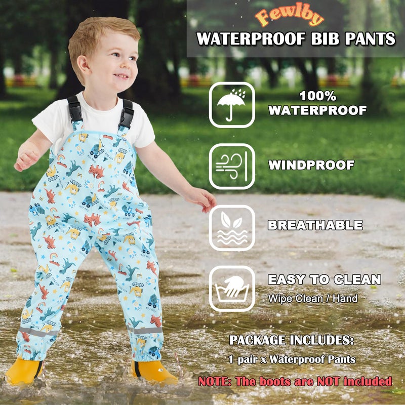 Fewlby Toddlers Waterproof Rain Bib Pants, Boys Rain Pants Kids Cartoon Rain Trousers Lightweight Mud Pants Rainwear - Image 2