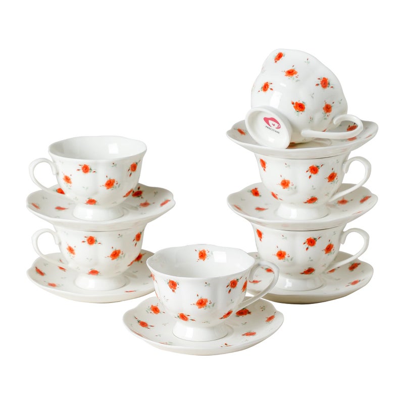 PRECITIME 12-Piece Porcelain Tea Cup Set, 6 Cups & 6 Saucers with Classic Rose Pattern, Ceramic 6oz Scalloped Cups, Dishwasher & Microwave Safe - Image 1