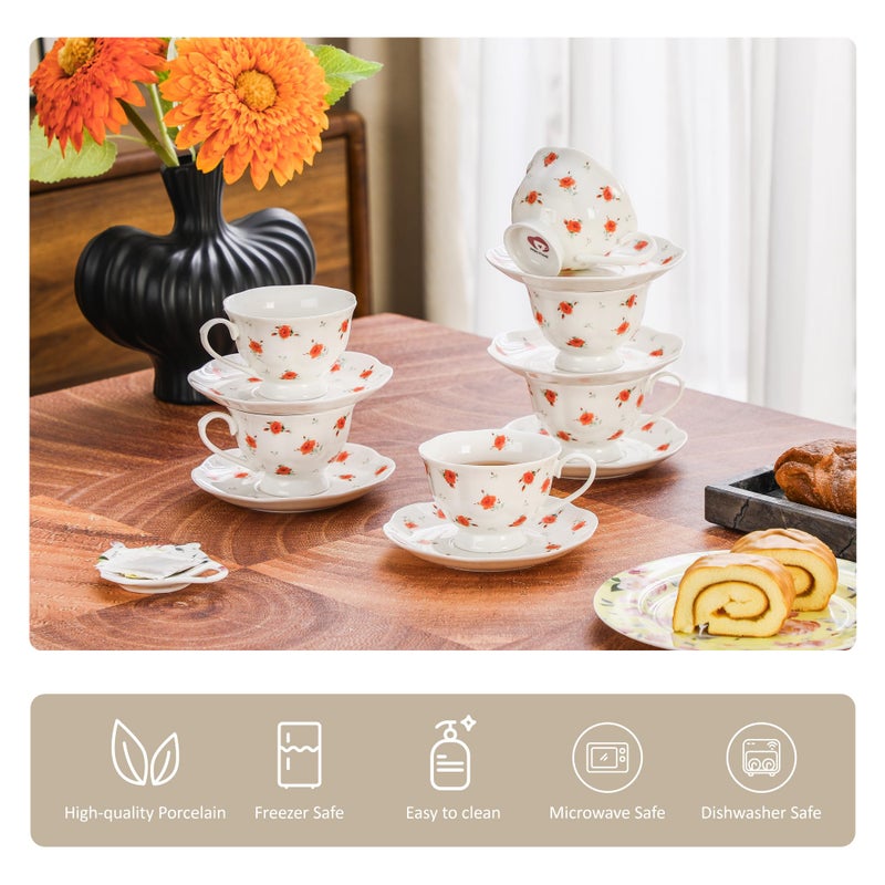PRECITIME 12-Piece Porcelain Tea Cup Set, 6 Cups & 6 Saucers with Classic Rose Pattern, Ceramic 6oz Scalloped Cups, Dishwasher & Microwave Safe - Image 3