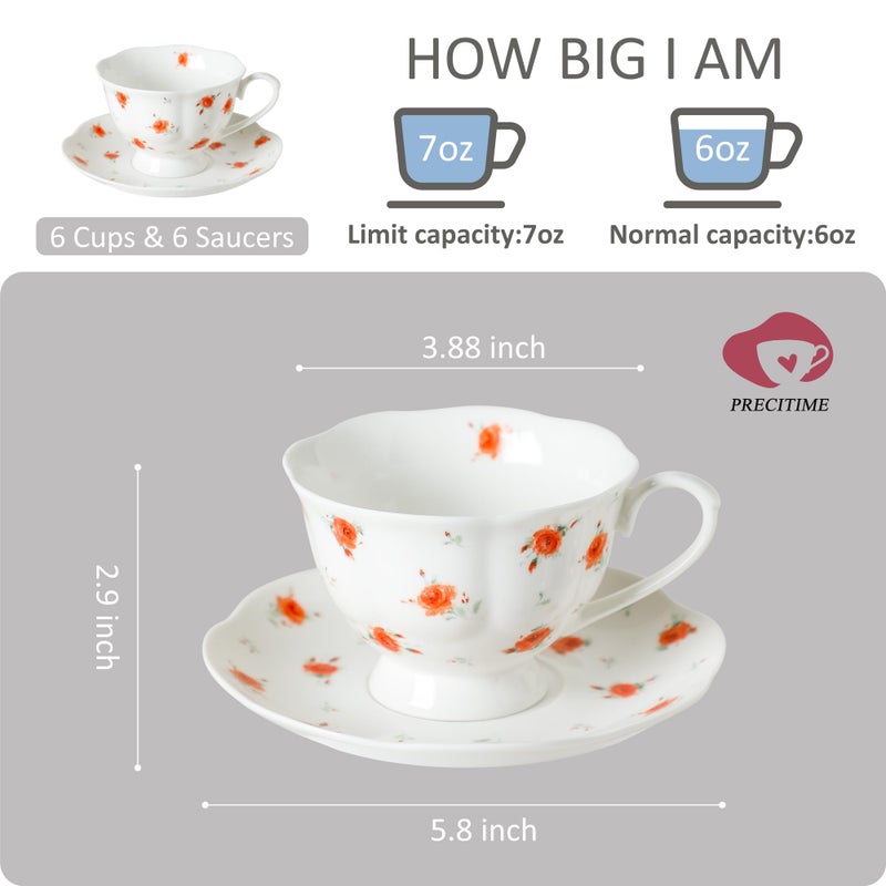 PRECITIME 12-Piece Porcelain Tea Cup Set, 6 Cups & 6 Saucers with Classic Rose Pattern, Ceramic 6oz Scalloped Cups, Dishwasher & Microwave Safe - Image 2