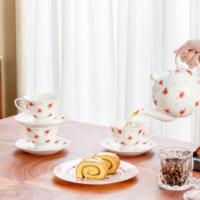 PRECITIME 12-Piece Porcelain Tea Cup Set, 6 Cups & 6 Saucers with Classic Rose Pattern, Ceramic 6oz Scalloped Cups, Dishwasher & Microwave Safe - Image 4