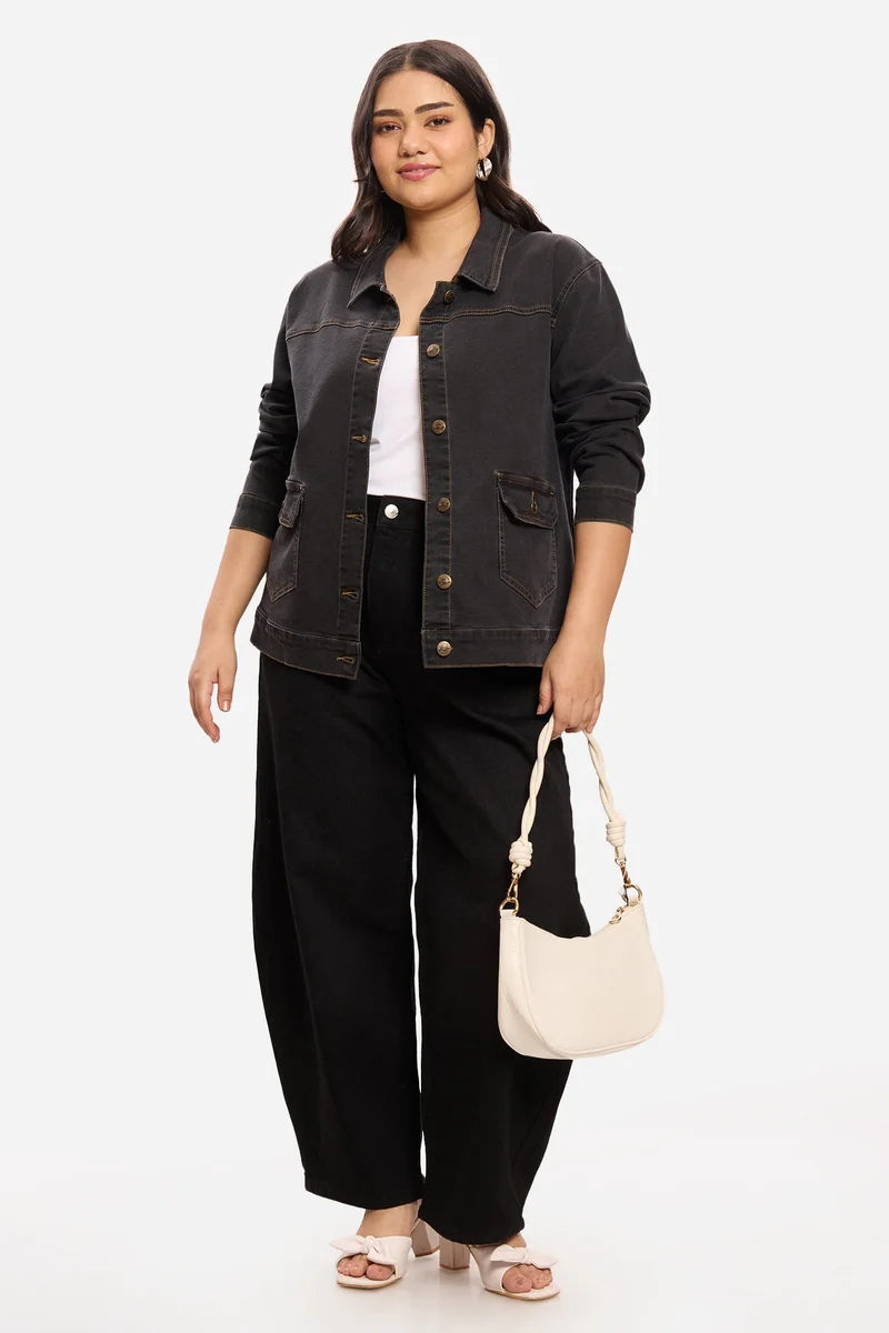 فيرجيو Solid Cotton Denim Plus Size Jacket for Women