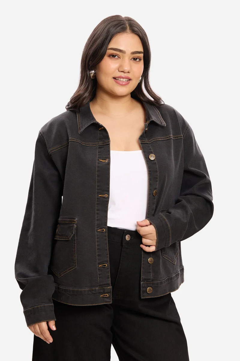 فيرجيو Solid Cotton Denim Plus Size Jacket for Women