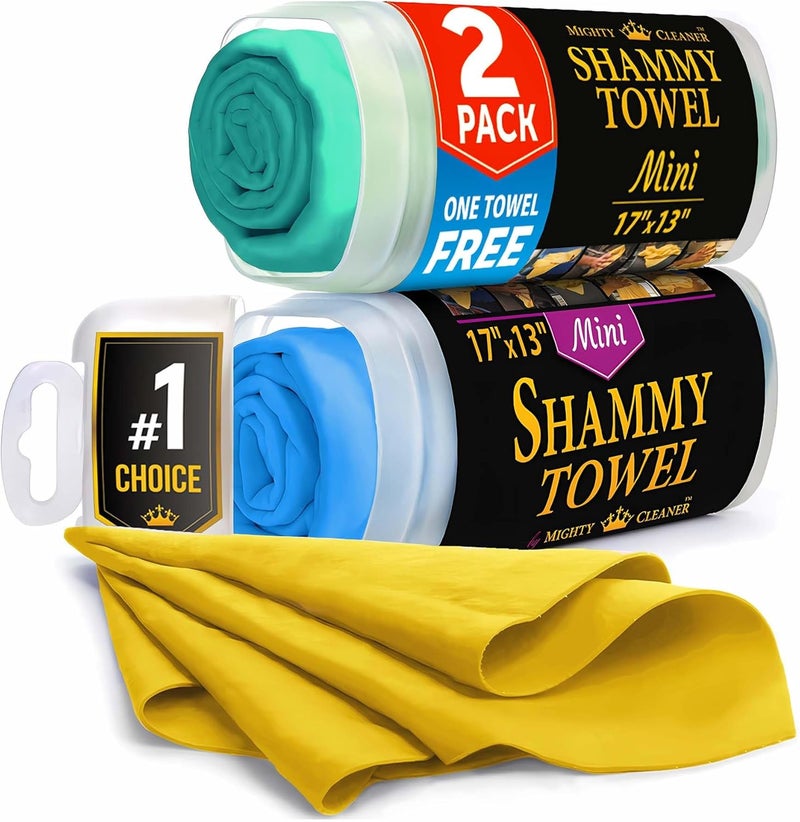 Mighty Cleaner Premium 2pk Mini +1 Free Shammy Cloth for Car Drying - (17”x13”) - Super Absorbent Chamois Towel for Car - Reusable Shammy Towel for Car - Scratch-Free Car Drying Towel - Image 1