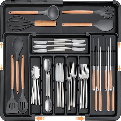 Homecor Silverware Organizer - Expandable Large Kitchen Drawer Organizer Utensil Organizer with 2 Removable Knife Blocks, 22"x 19"Cutlery Tray Drawer Dividers for Kitchen Flatware(6-9 Slots) (Black) - Image 1