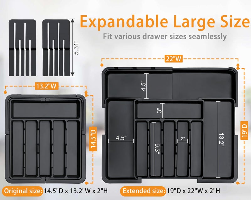 Homecor Silverware Organizer - Expandable Large Kitchen Drawer Organizer Utensil Organizer with 2 Removable Knife Blocks, 22"x 19"Cutlery Tray Drawer Dividers for Kitchen Flatware(6-9 Slots) (Black) - Image 2