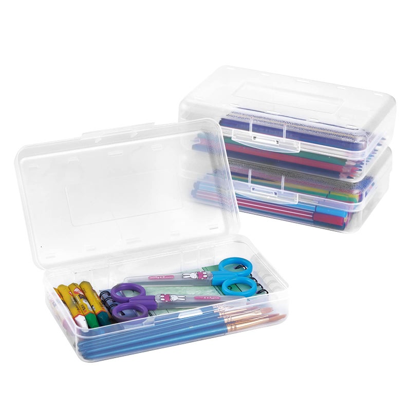 Sooez 3 Pack Pencil Case, Large Hard Pencil Box Bulk, Clear Crayon Box Marker Pen Organizer, Plastic Storage Container with Snap Lid, Stackable Art Craft Organizer Back to School Supplies, Clear - Image 1