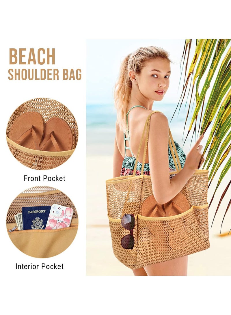 Mesh Beach Shoulder Bag, Multi-pocket Large Foldable  Tote Bag, Sandproof Waterproof Bag for Travel - Image 3