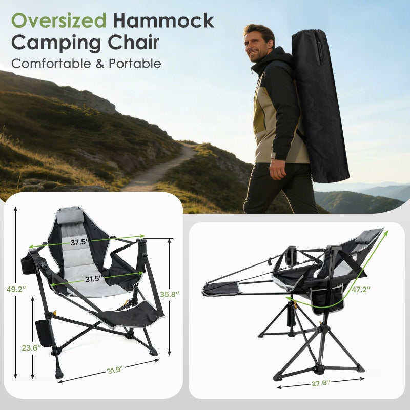 Suteck Hammock Camping Chair with Footrest, Oversized Swinging Folding Chair for Adults, Heavy Duty Portable Rocking Camp Chair with Cup Holder & Pillow for Beach, Patio, Lawn, Supports up to 500 lbs - Image 2