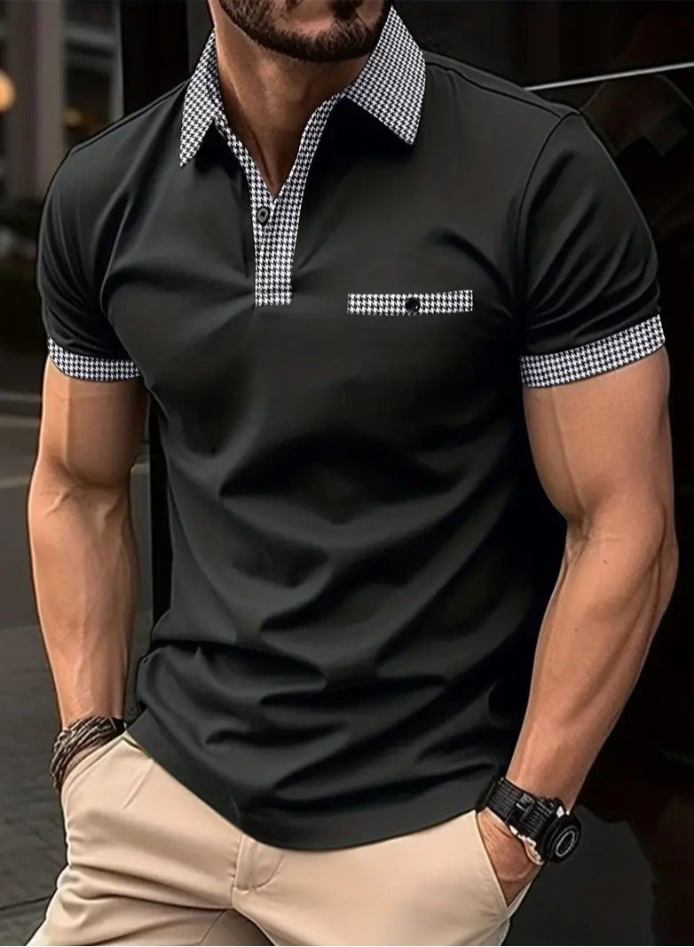 NIBEMINENT Houndstooth Casual Slightly Stretch Button Up Short Sleeve Shirt, Men's Shirt For Summer  - Image 1