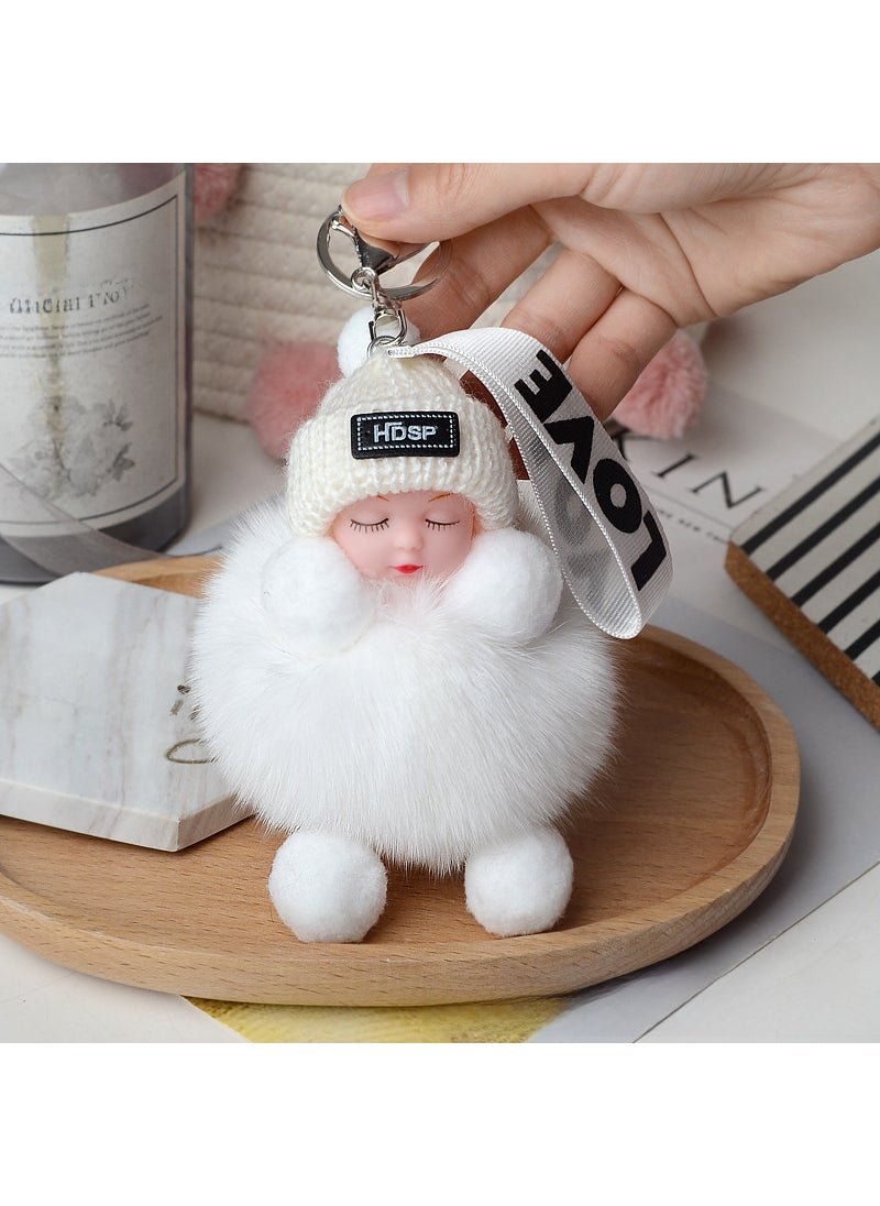 Generic Sleepy Doll Fox Fur Pom Bag Charm No drill White 