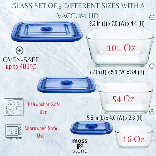 Moss & Stone Extra Large Glass Storage Containers With Lids Set of 3, 101 Oz/ 54 Oz/ 16 Oz, Deep Rectangular Glass Food Container with Lid, Leak Proof, Microwave, Dishwasher & Oven Safe - Image 2