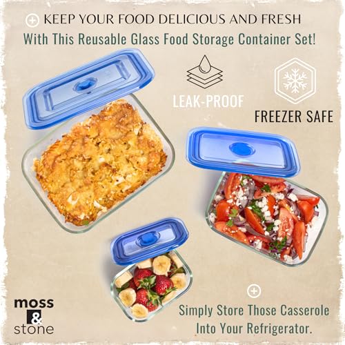 Moss & Stone Extra Large Glass Storage Containers With Lids Set of 3, 101 Oz/ 54 Oz/ 16 Oz, Deep Rectangular Glass Food Container with Lid, Leak Proof, Microwave, Dishwasher & Oven Safe - Image 4