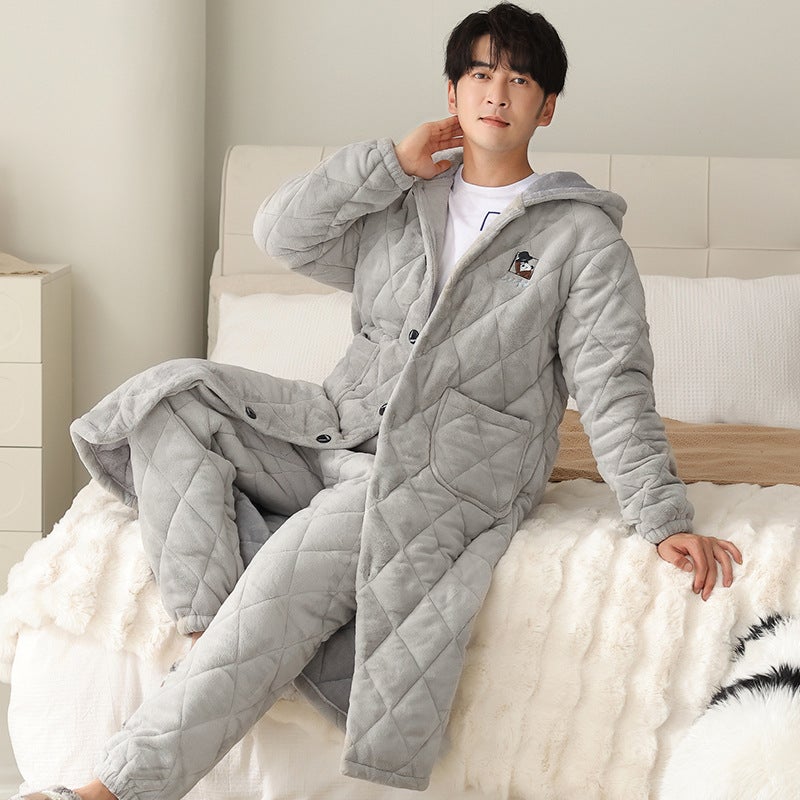 Long Quilted Pajamas Couple'S Winter Thickened Coral Fleece Cotton Nightgown Pajamas Suit Men'S And Women'S Warm Cotton Jacket Bathrobe - Image 1
