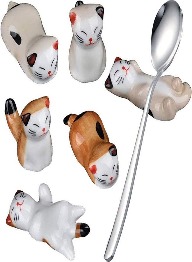 Ponerine Pack of 6 Lovely Lucky Cat Porcelain Knife Rests Chopstick Rest set Ceramic Tableware Rest Set Ornament (Lucky Cat Set+Spoon) - Image 1