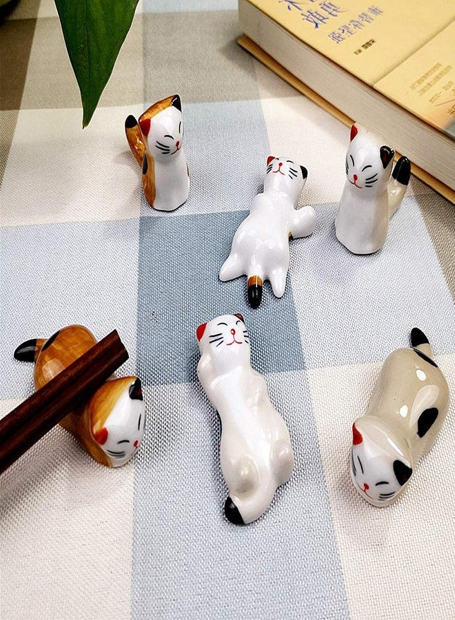 Ponerine Pack of 6 Lovely Lucky Cat Porcelain Knife Rests Chopstick Rest set Ceramic Tableware Rest Set Ornament (Lucky Cat Set+Spoon) - Image 2
