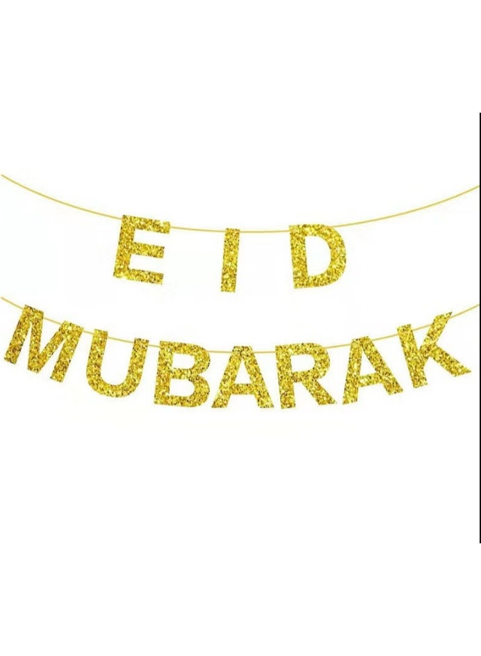 لافتة عيد مبارك، زينة حفلات رمضان مبارك للمنزل، زينة ذهبية لامعة على شكل هلال ونجوم لتزيين احتفالات العيد، مستلزمات حفلات رمضان كريم الإسلامية - Image 2