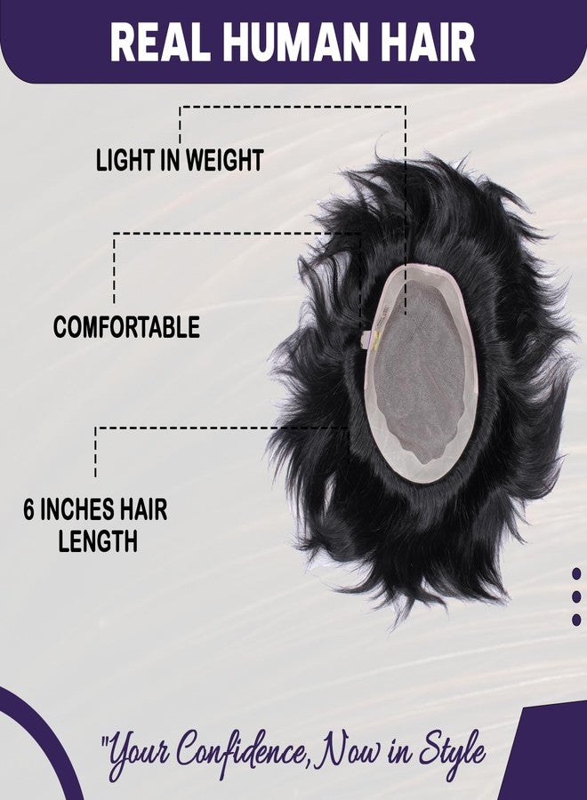 GLAN Human Hair Patch Toupee Wigs Hair Pieces Hair Replacement Systems For Men and Boys to Cover Up Baldness Area with Small Yellow Tape and Extension Clips Natural Black Brown Pack of 1 (USA Patch, 7*5) - Image 1