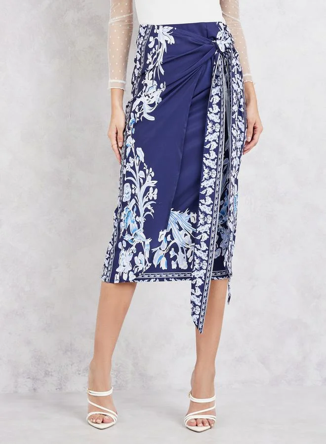 ستايلي Printed Wrap Front Detail Midi Skirt