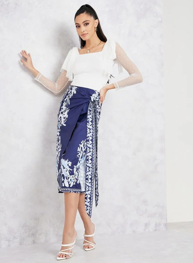 ستايلي Printed Wrap Front Detail Midi Skirt