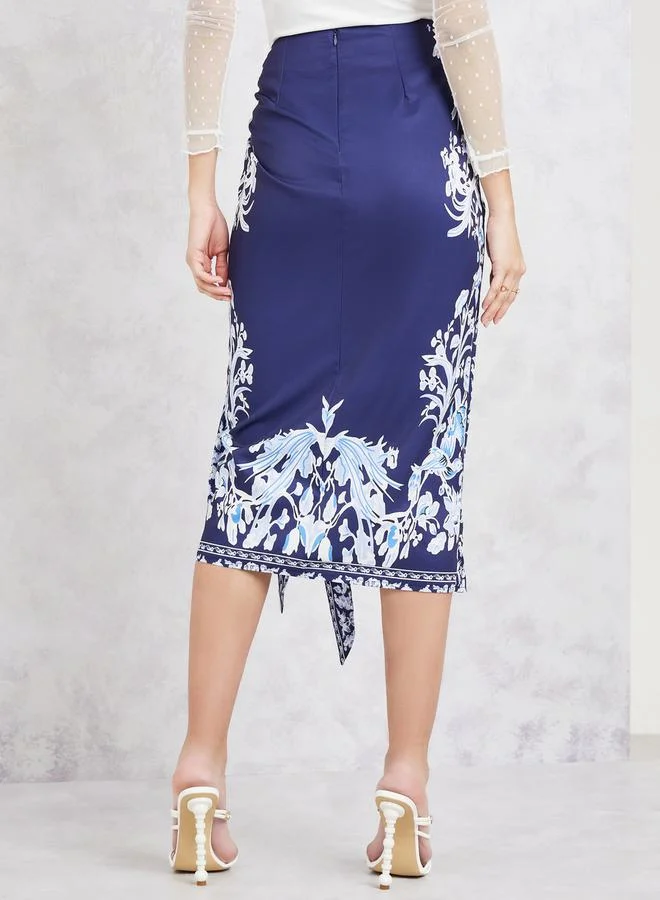 ستايلي Printed Wrap Front Detail Midi Skirt