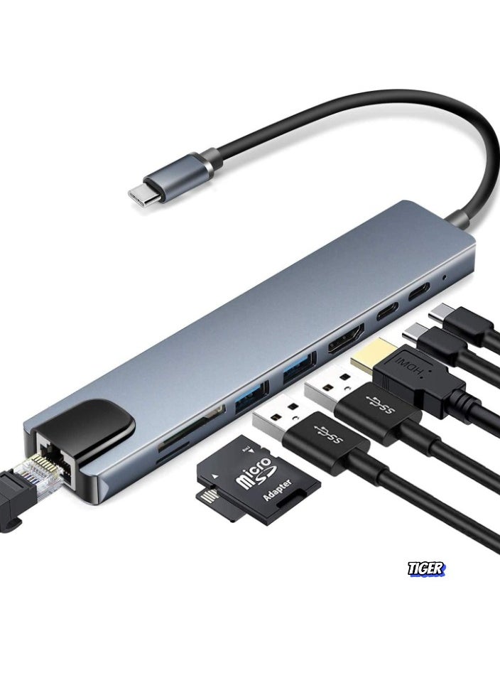TIGER 8-in-1 USB C Hub Multifunction Adapter – USB Docking Station for MacBook & Windows with 4K HDMI, USB 3.0, Ethernet, SD Card Reader, Power Delivery & More  - Image 1