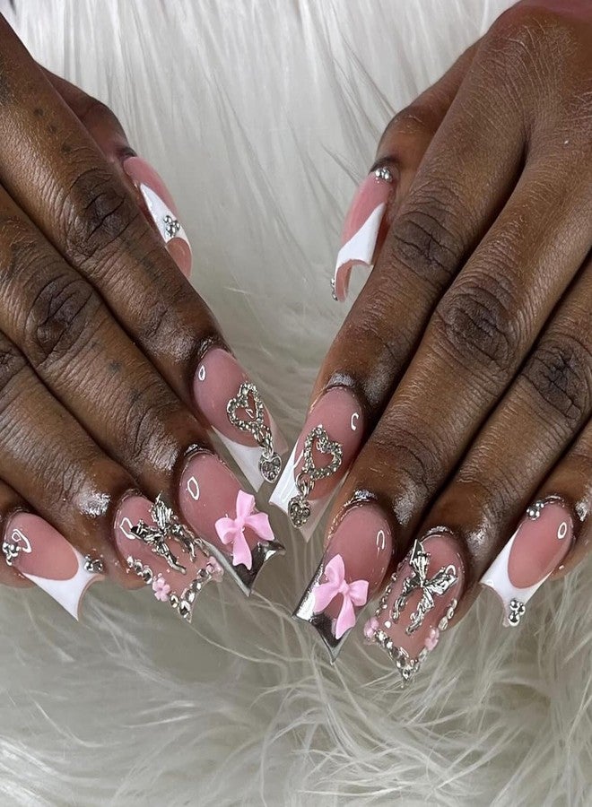 CTTHNBD Medium Press on Nails Square - White French Tip with Bow Heart Design - Elegant Full Cover Stick on False Nails - for Women 24 Pcs - Image 1