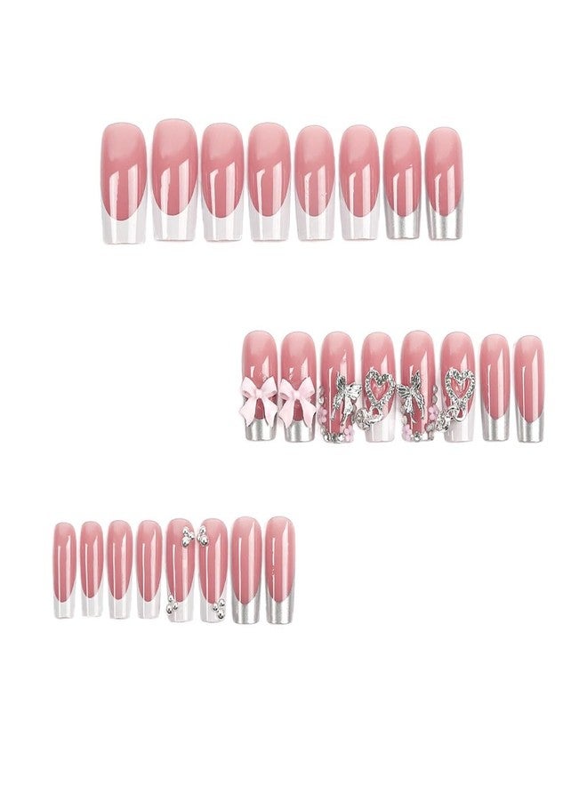 CTTHNBD Medium Press on Nails Square - White French Tip with Bow Heart Design - Elegant Full Cover Stick on False Nails - for Women 24 Pcs - Image 2