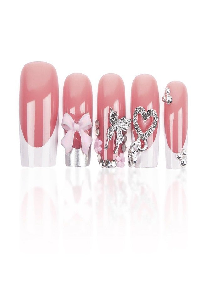 CTTHNBD Medium Press on Nails Square - White French Tip with Bow Heart Design - Elegant Full Cover Stick on False Nails - for Women 24 Pcs - Image 4