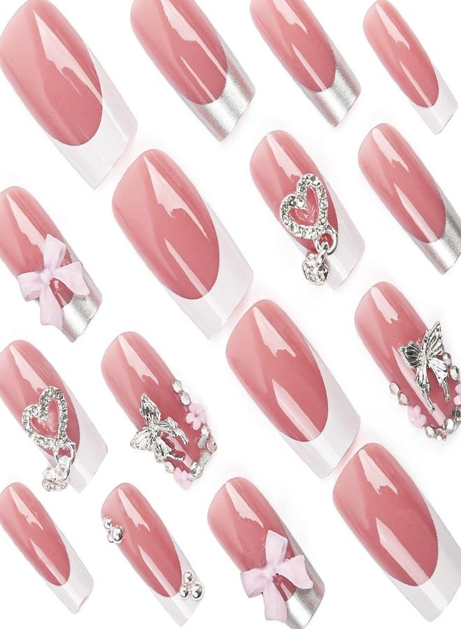 CTTHNBD Medium Press on Nails Square - White French Tip with Bow Heart Design - Elegant Full Cover Stick on False Nails - for Women 24 Pcs - Image 3