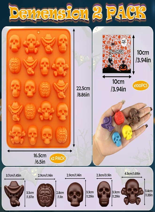 ANSEE Skull Brain Silicone Molds, 2 Pack Halloween Silicone Molds with 100pcs Treat Bags, 20-Cavity 3D Skull & Brain Shape Chocolate Molds for Jelly Gummy Candy Ice Cube Handmade Soap Jelly - Image 4