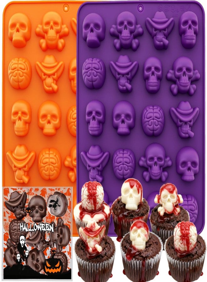 ANSEE Skull Brain Silicone Molds, 2 Pack Halloween Silicone Molds with 100pcs Treat Bags, 20-Cavity 3D Skull & Brain Shape Chocolate Molds for Jelly Gummy Candy Ice Cube Handmade Soap Jelly - Image 1