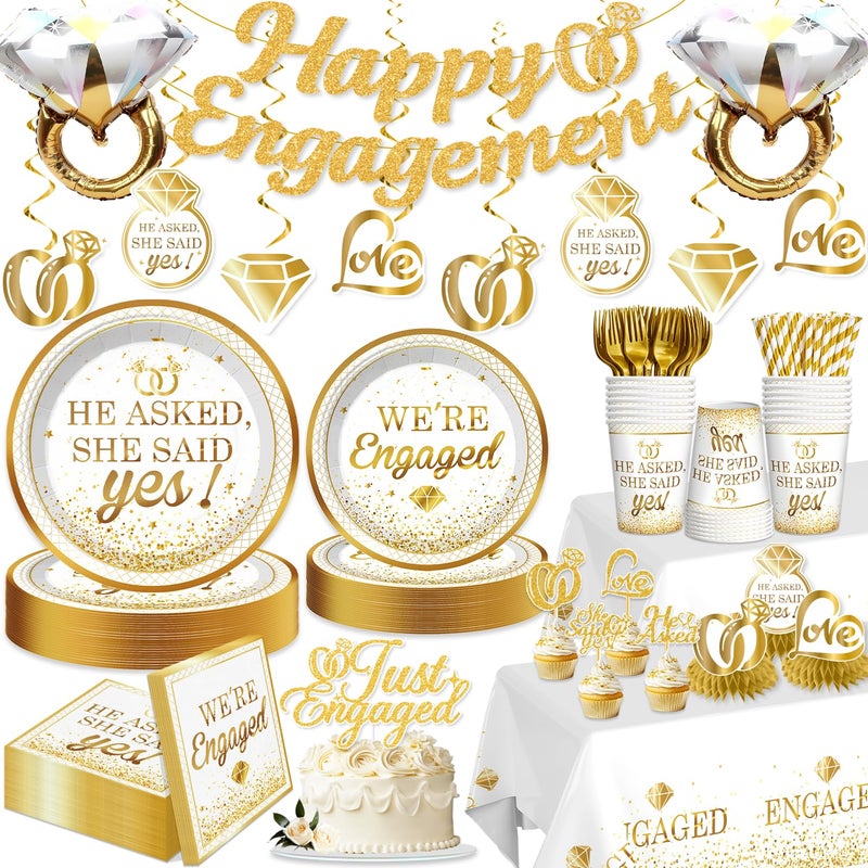 Yingoto Engagement Party Decorations Happy Engagement Banner Ring Foil Balloons He Asked She Said Yes Disposable Dinnerware with 2 Pcs Waterproof Engaged Tablecloth Wedding Proposal Decorations Party Decor - Image 2