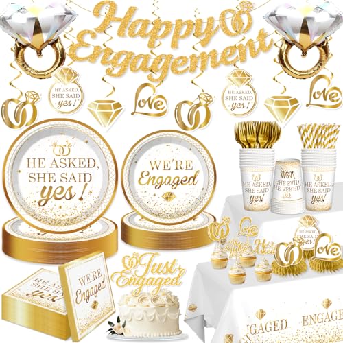Yingoto Engagement Party Decorations Happy Engagement Banner Ring Foil Balloons He Asked She Said Yes Disposable Dinnerware with 2 Pcs Waterproof Engaged Tablecloth Wedding Proposal Decorations Party Decor - Image 1