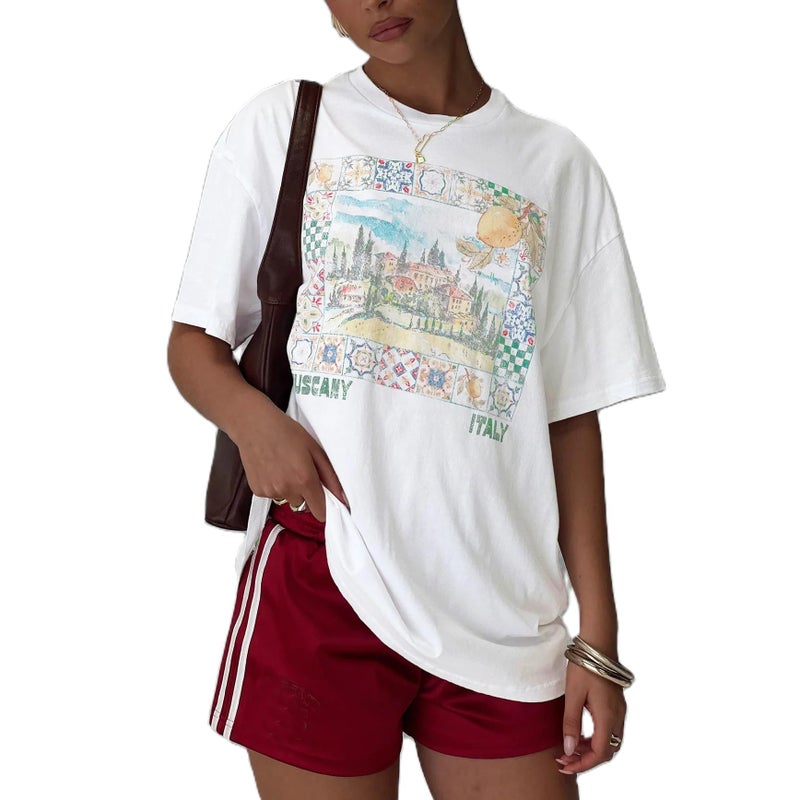 Foidiccx Women Teen Girl Oversized Summer Tops Y2k Cute Loose Fit Short Sleeve Fruit Floral Flower Aesthetic Crew Neck Graphic T Shirts Vintage Beach Baggy Tees (A1 White, L) - Image 1