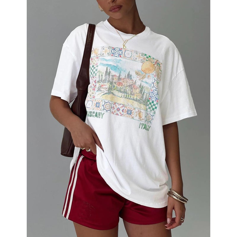 Foidiccx Women Teen Girl Oversized Summer Tops Y2k Cute Loose Fit Short Sleeve Fruit Floral Flower Aesthetic Crew Neck Graphic T Shirts Vintage Beach Baggy Tees (A1 White, L) - Image 3