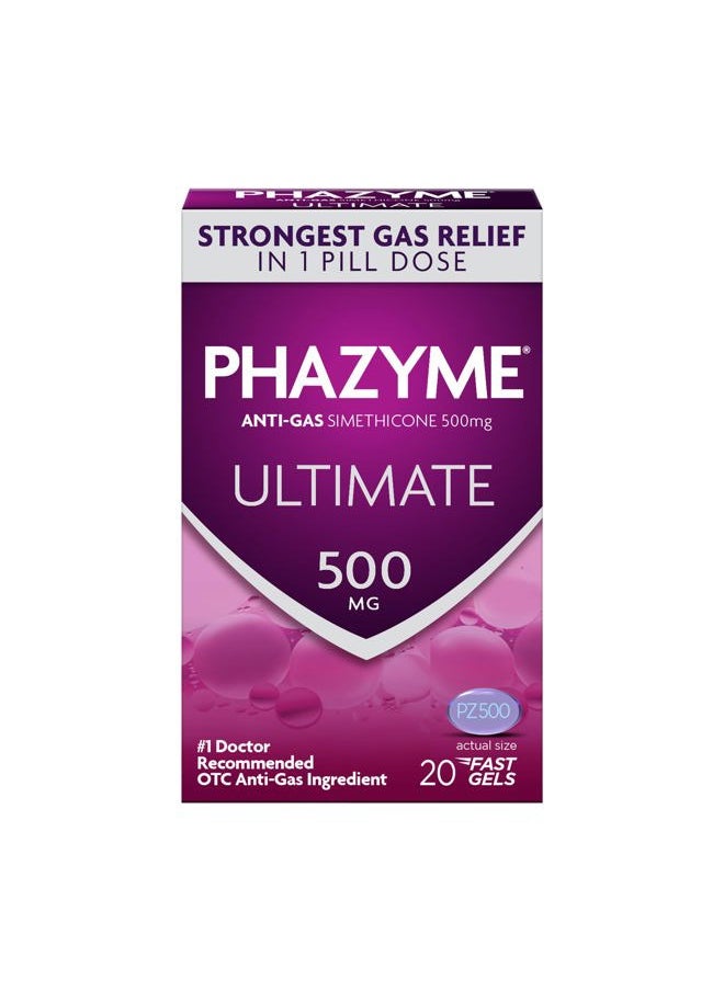 Phazyme - Gas Relief, Ultimate Gas and Bloating Relief for Adults, 500 mg Simethicone Fast Gels, 20 Count - Image 1
