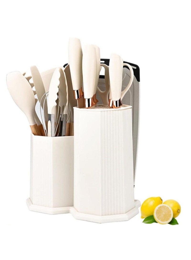 طقم مطبخ ملكي متكامل 19 قطعة | طقم سكاكين احترافي ومغارف سيليكون مع بلانشة تقطيع وحامل منظم | تصميم عصري أنيق، خامات عالية الجودة، ومقاوم للحرارة - Image 1