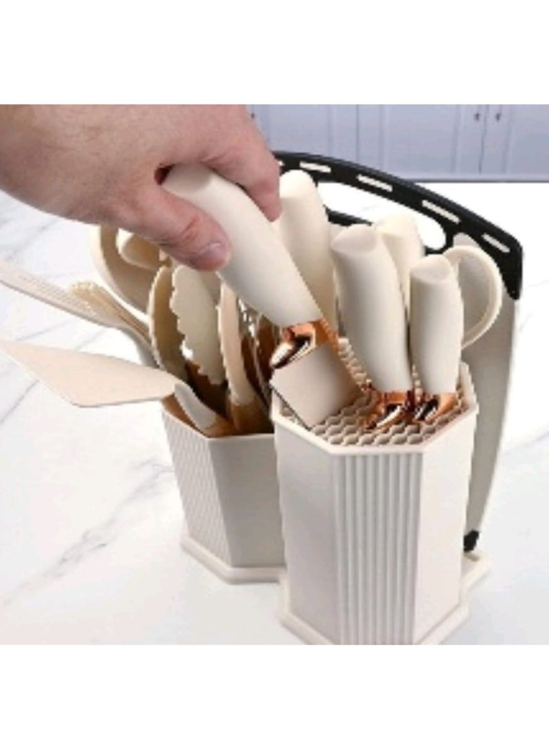 طقم مطبخ ملكي متكامل 19 قطعة | طقم سكاكين احترافي ومغارف سيليكون مع بلانشة تقطيع وحامل منظم | تصميم عصري أنيق، خامات عالية الجودة، ومقاوم للحرارة - Image 3