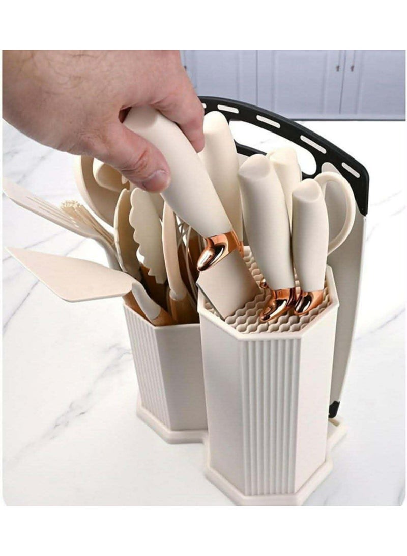 طقم مطبخ ملكي متكامل 19 قطعة | طقم سكاكين احترافي ومغارف سيليكون مع بلانشة تقطيع وحامل منظم | تصميم عصري أنيق، خامات عالية الجودة، ومقاوم للحرارة - Image 5