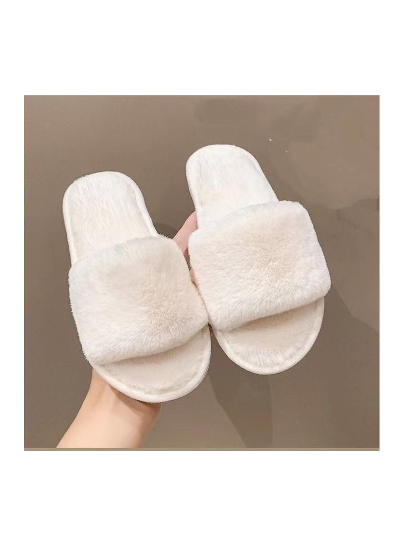 Loquat New Solid Color Plush Slippers Home Warm Non-slip Plush Indoor Flip-flops Open Drag Fluffy Slippers 