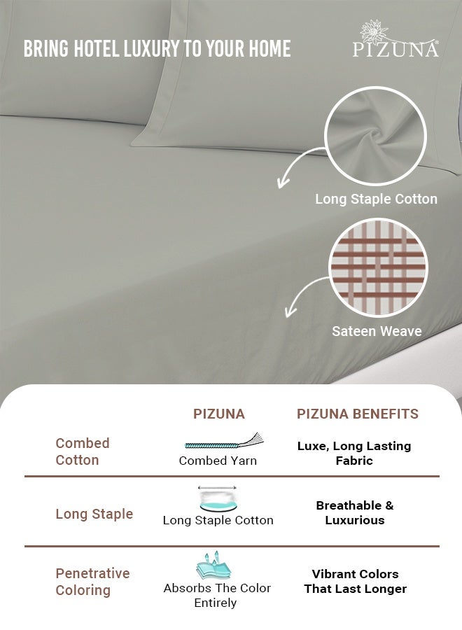 Pizuna Pure Combed Cotton Super King Fitted Sheet 200x200 cm Silver, 400 Thread Count Cool Luxury Soft 100% Long Staple Cotton Sateen Weave, 40cm Deep Pocket Bedsheet with 2 pillowcase (Fitted Sheet) - Image 2
