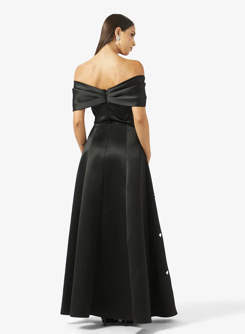 Akadia Fashion OFF SHOULDER EMBELLISHED A LINE SATIN DRESS