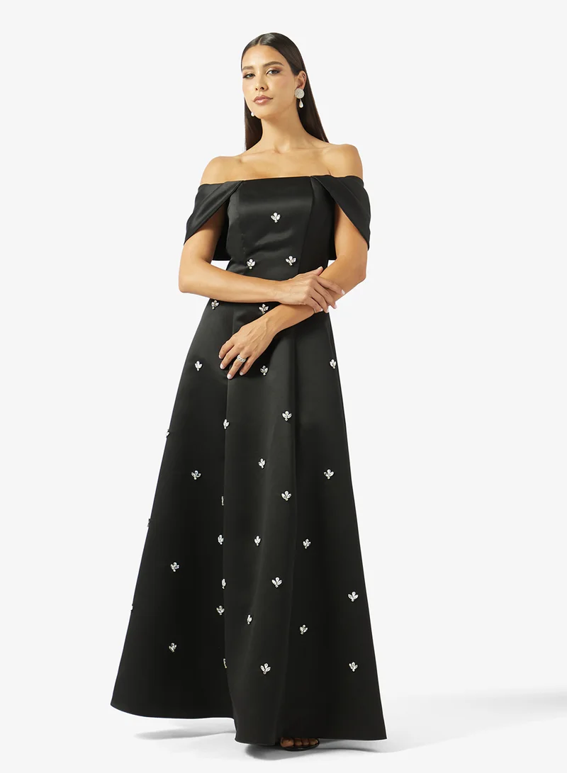 Akadia Fashion OFF SHOULDER EMBELLISHED A LINE SATIN DRESS
